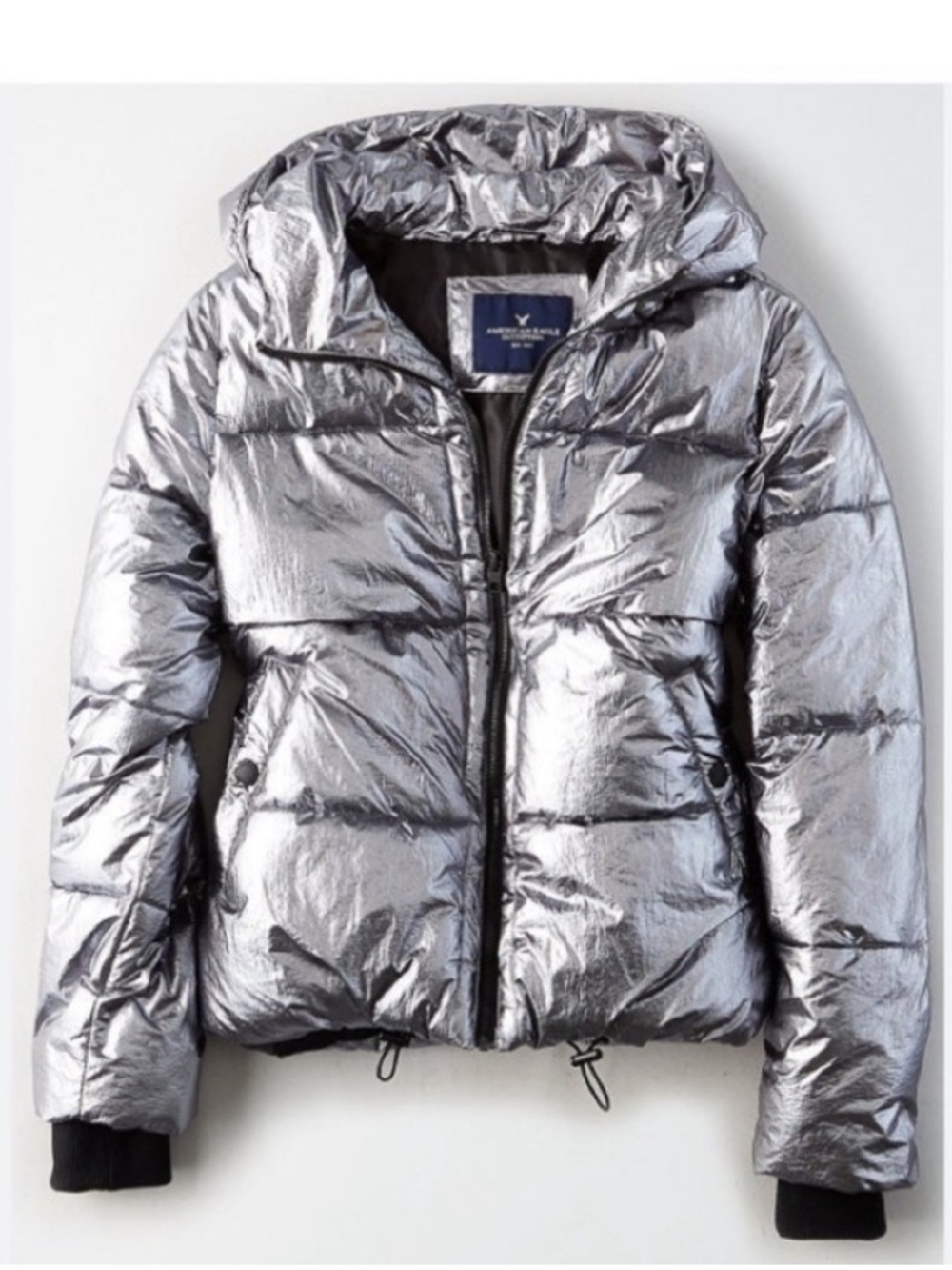 American Eagle Silver Puffer Jacket Metallic Size Large